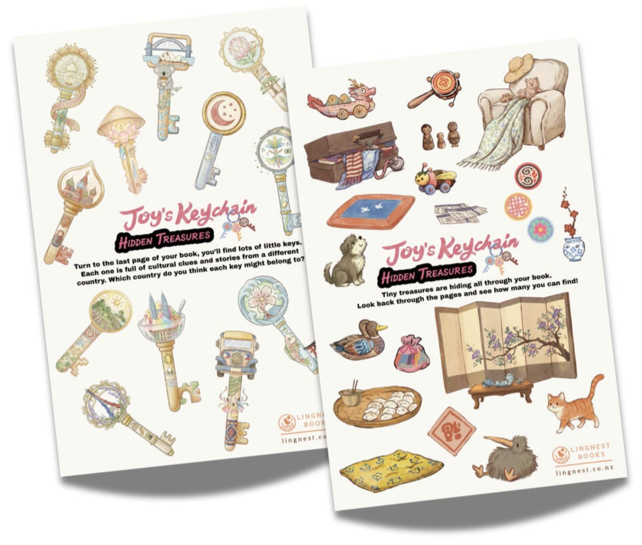 Two Joy’s Keychain Hidden Treasures sticker sheets: illustrated cultural keys on one, and toys and keepsakes from the book on the other
