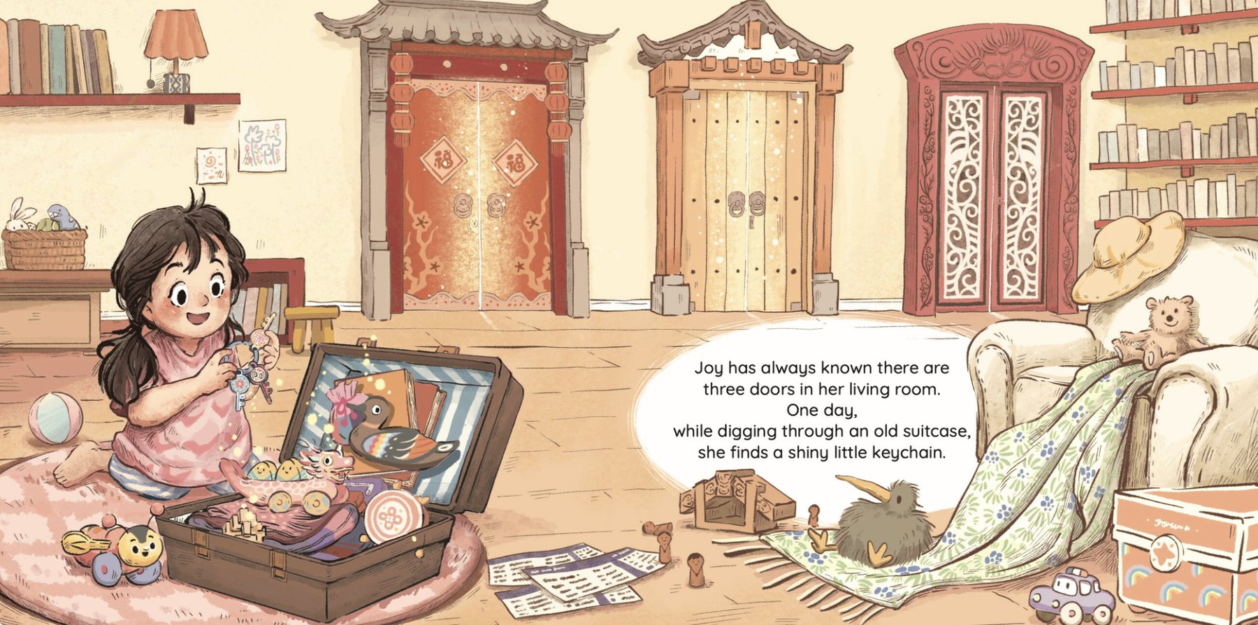 Joy kneels by an old suitcase in her living room, holding a keychain, in front of three different doors. Text: Joy has always known there are three doors in her living room. One day, while digging through an old suitcase, she finds a shiny little keychain.