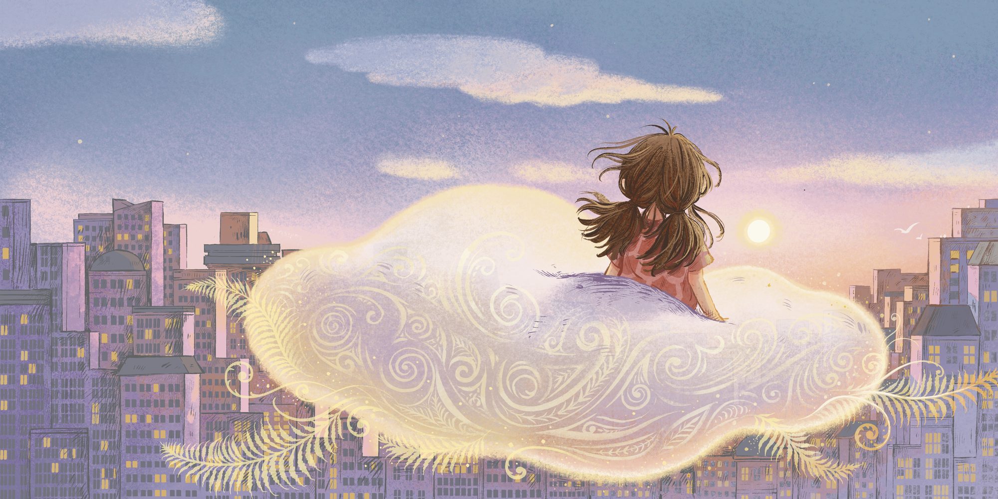 Joy rides a cloud-like pillow over a city at sunset — from Joy’s Pillow