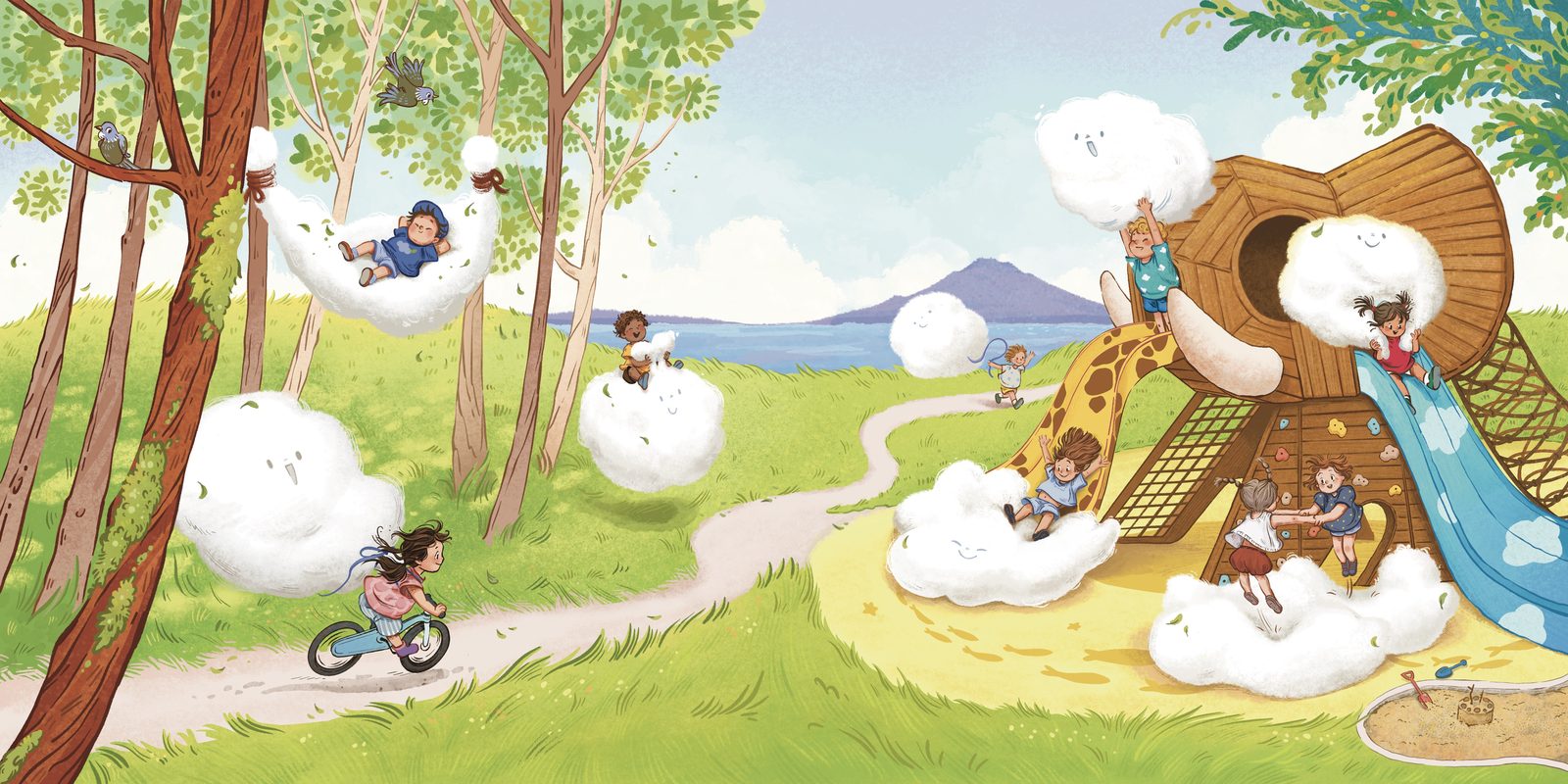 Children play on giant cloud-shaped pillows in a park by the sea