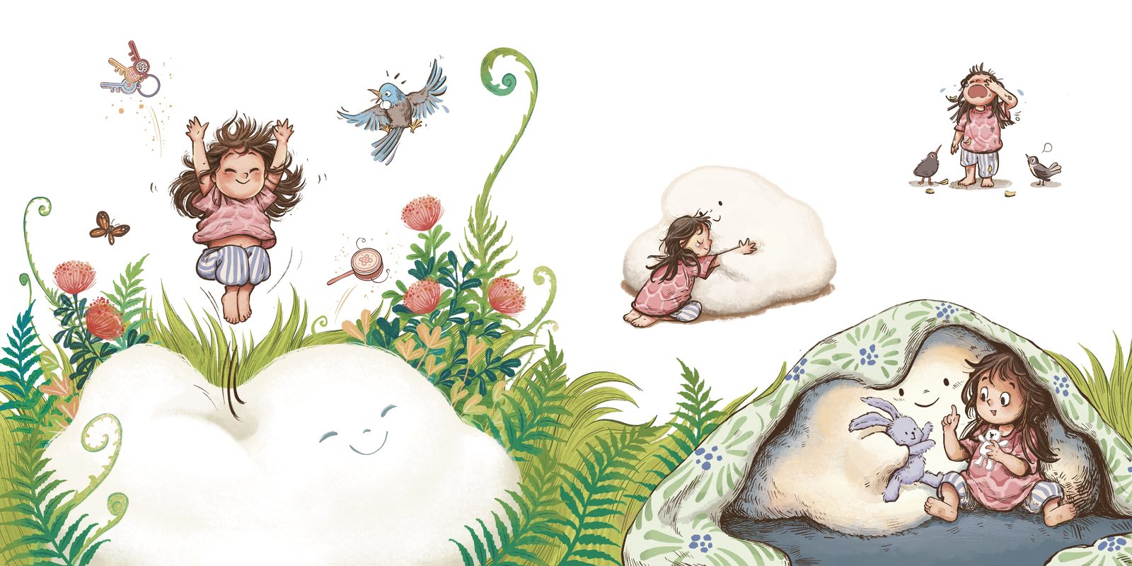 Joy bounces high on her cloud pillow among ferns and flowers, and curls up inside it on a quieter day