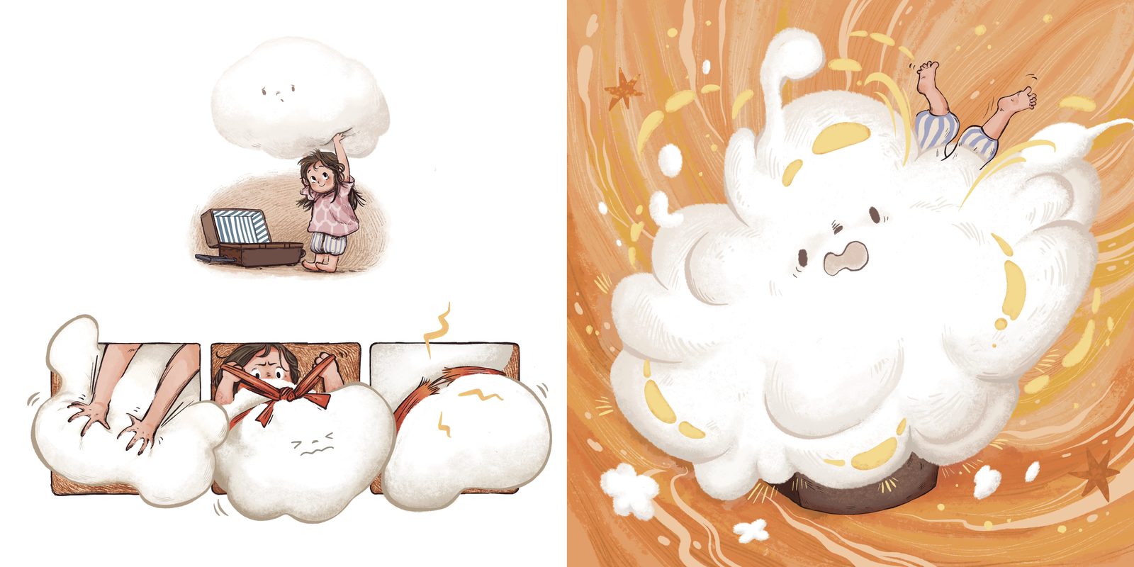 Joy tries to squash her pillow into a suitcase; the pillow bursts back to its full size